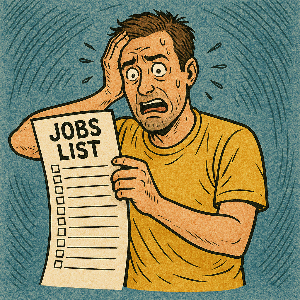 Stressed man holding a long jobs list